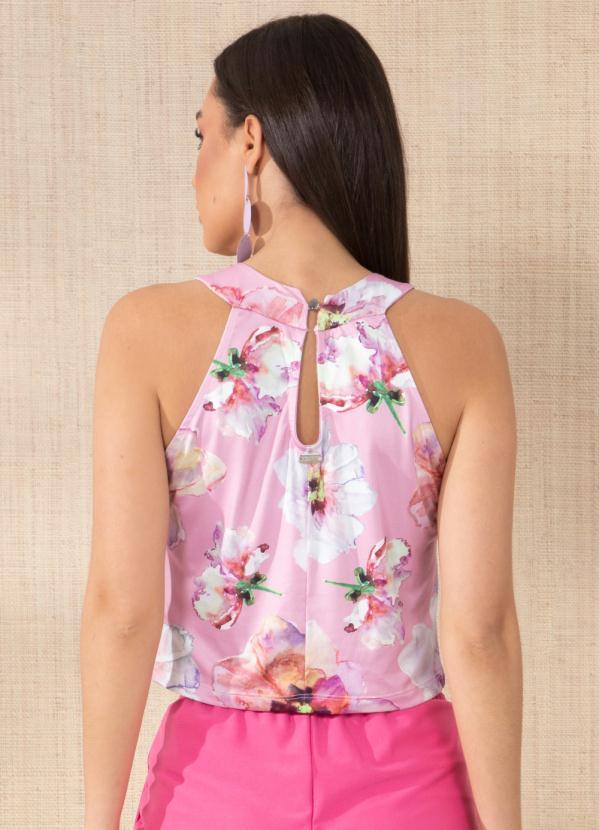 Outlet - Cropped Floral Rosa com Franzido no Decote 2
