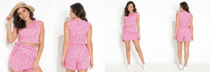 Cropped Floral Rosa em Regata com Decote Redondo