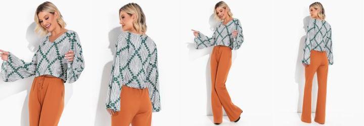 Cropped Geom�trico Branco com Decote em V