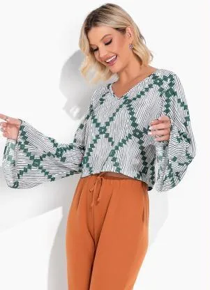 Moda Pop - Cropped Geométrico Branco com Decote em V - MODA POP