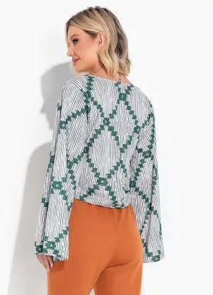Moda Pop - Cropped Geométrico Branco com Decote em V - MODA POP