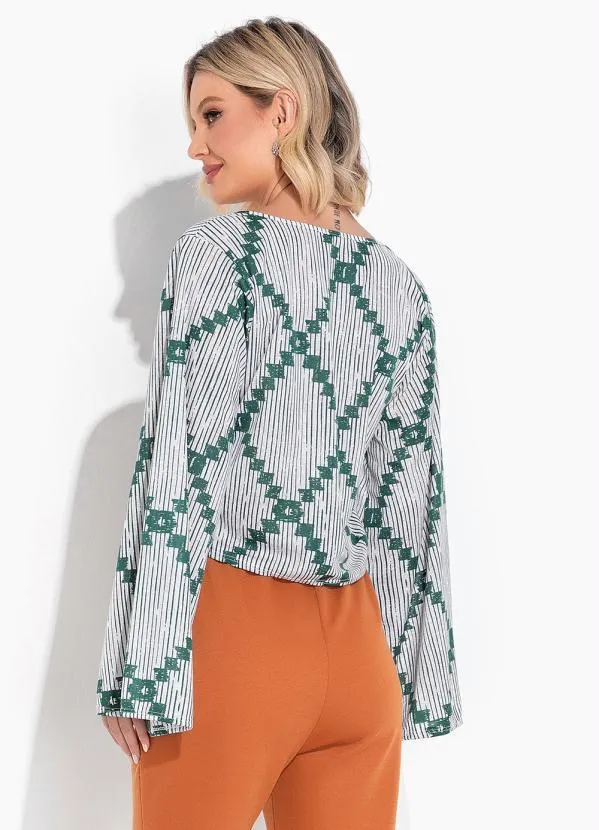 Moda Pop - Cropped Geométrico Branco com Decote em V 2