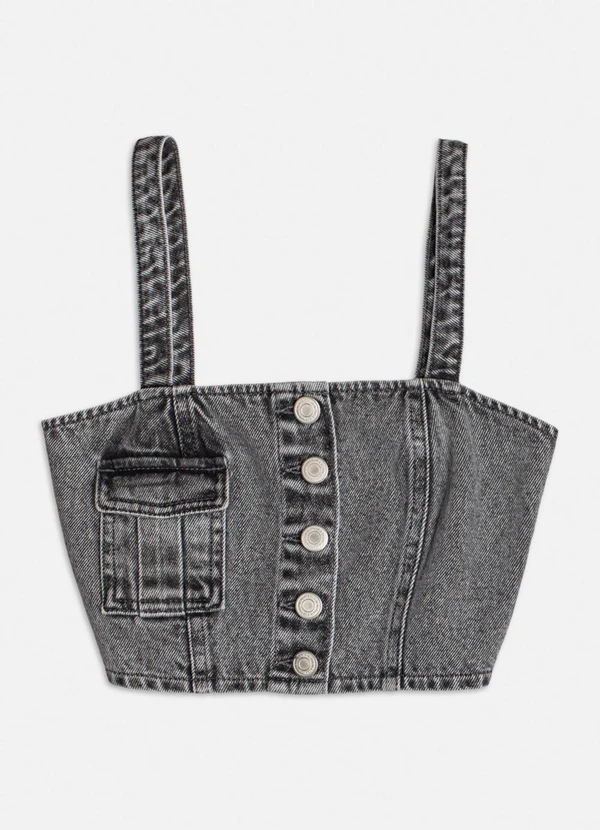 Authoria - Cropped Jeans com Bolso Cinza