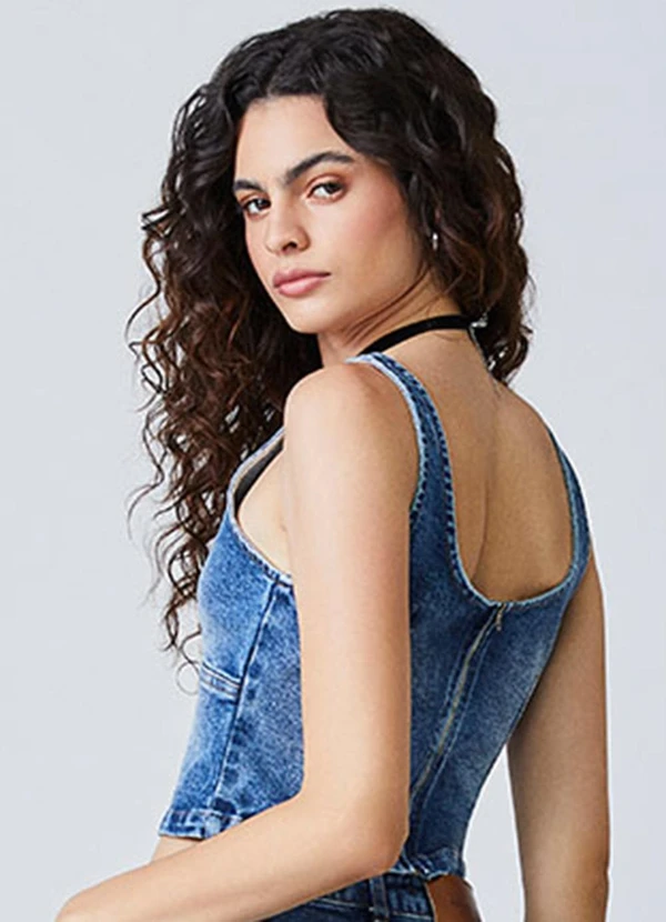 Authoria - Cropped Jeans com Peplum Azul 2