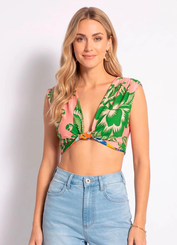 Farm - Cropped Malha Flor de Renda Rosa