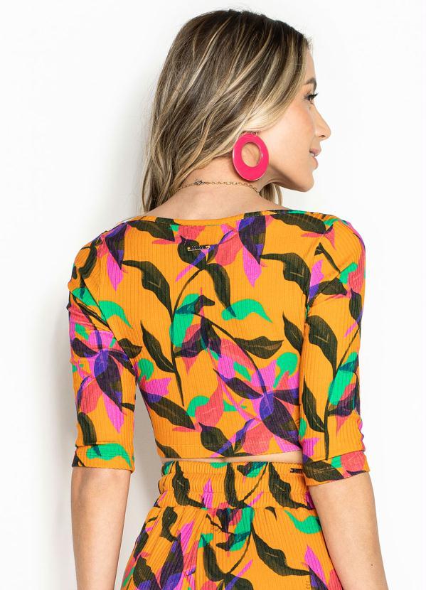 Colcci - Cropped Manga 3/4 de Malha Canelada Laranja 2