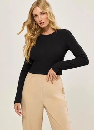 Naguchi - Cropped Manga Longa Canelada Preto - NAGUCHI