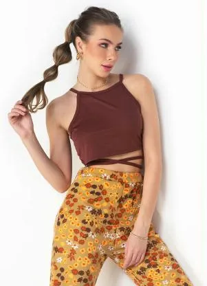 Moda Pop - Cropped Marrom com Decote Trapézio e Amarração - MODA POP
