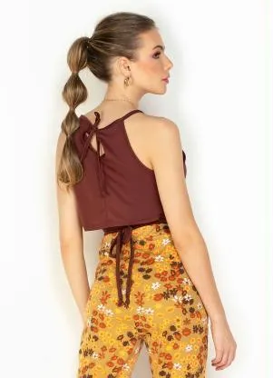 Moda Pop - Cropped Marrom com Decote Trapézio e Amarração - MODA POP