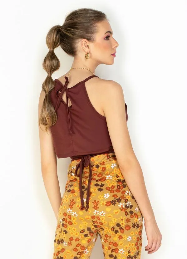 Moda Pop - Cropped Marrom com Decote Trapézio e Amarração 2