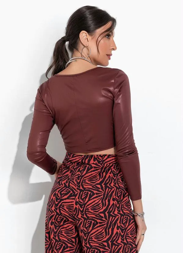 Moda Pop - Cropped Marrom com Mangas Longas 2