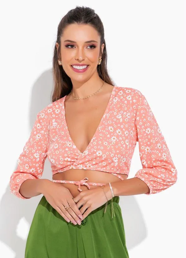 Moda Pop - Cropped Mini Floral com Amarração Frontal