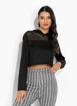 Moda Pop - Cropped Preta com Detalhe de Transparência - MODA POP