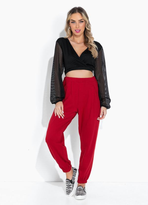 Moda Pop - Cropped Preta com Mangas Longas em Tela 4