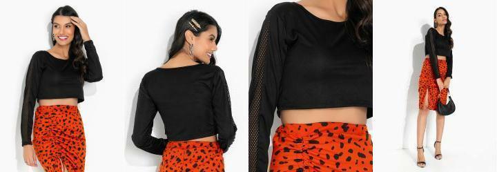 Cropped Preta com Recorte na Manga