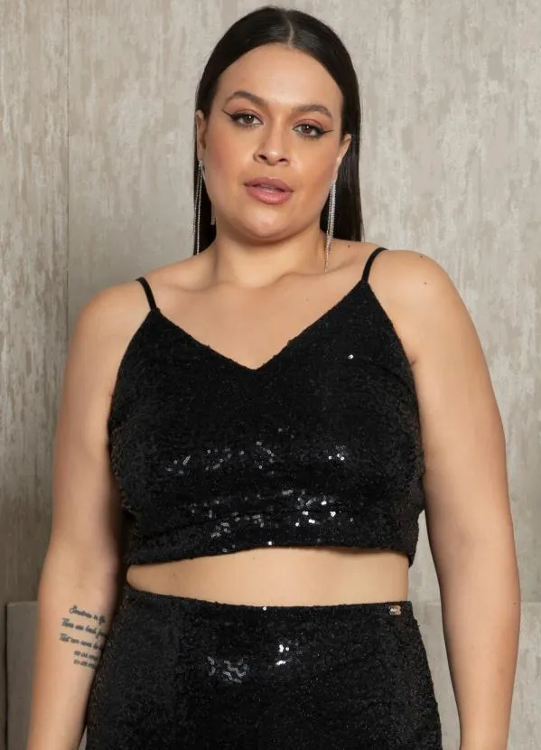 Quintess - Cropped Preto em Paetê com Alças Reguláveis 7