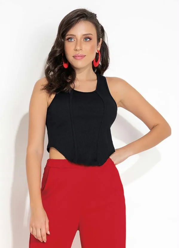 Moda Pop - Cropped Preto Regata e Recortes