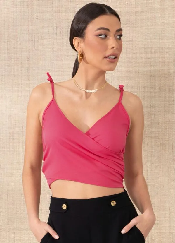 Outlet - Cropped Rosa Transpassado com Franzido