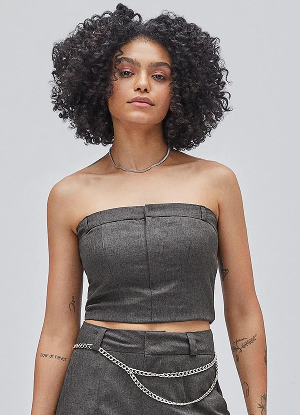 Authoria - Cropped Tecido Xadrez  Cinza