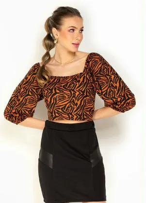 Moda Pop - CroppedTigre com Decote Quadrado e Manga Bufante - MODA POP
