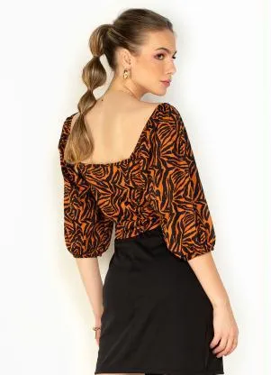 Moda Pop - CroppedTigre com Decote Quadrado e Manga Bufante - MODA POP