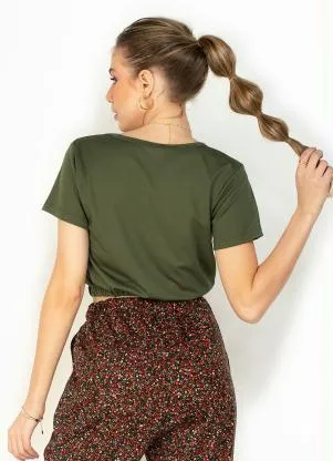 Moda Pop - Cropped Verde Manga Curta e Elástico na Barra - MODA POP