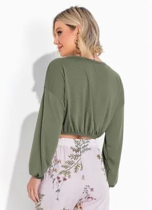 Moda Pop - Cropped Verde Militar Mangas Longas Bufantes - MODA POP
