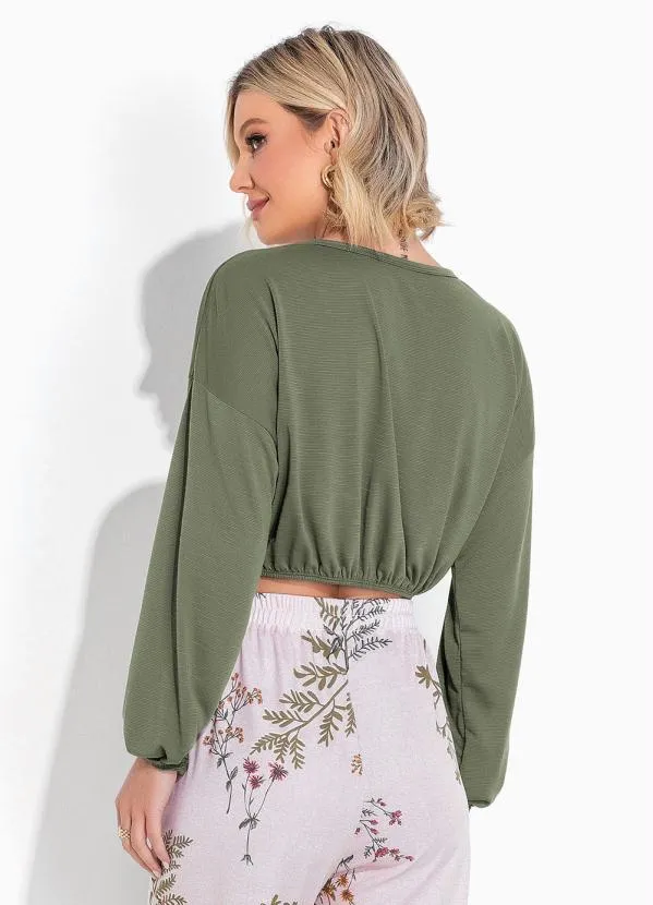 Moda Pop - Cropped Verde Militar Mangas Longas Bufantes 2