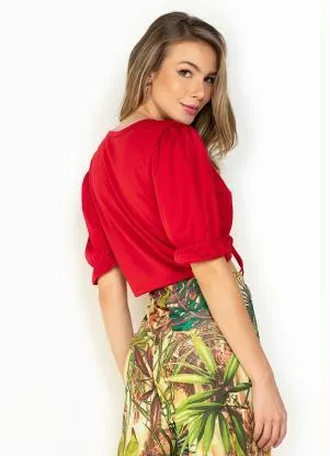 Moda Pop - Cropped Vermelho com Manga Bufante e Decote V - MODA POP