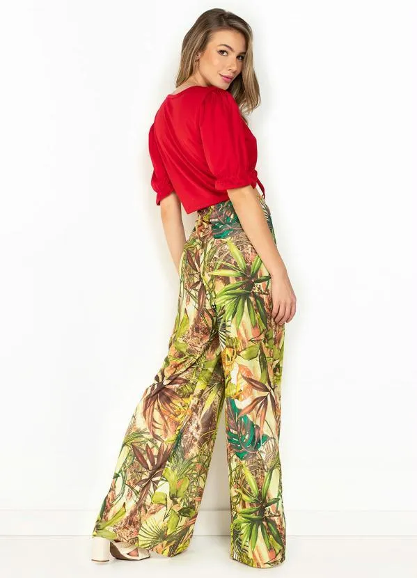 Moda Pop - Cropped Vermelho com Manga Bufante e Decote V 4