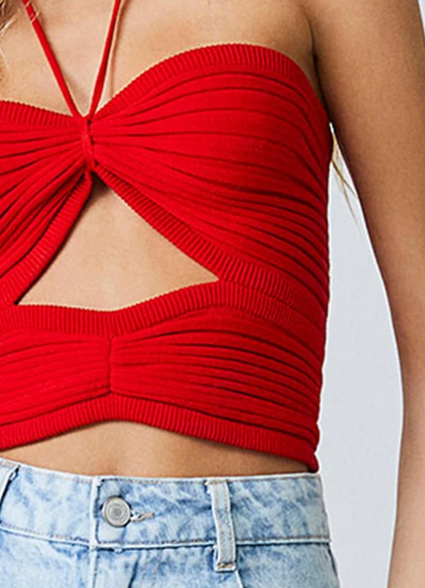 Authoria - Cropped Vermelho de Tricot com Nervuras Vermelho 5