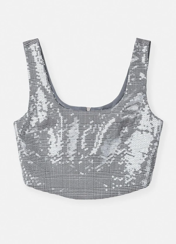 Authoria - Cropped Xadrez com Paetê Prata 6