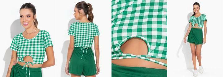 Cropped Xadrez Manga Curta com Amarra��o