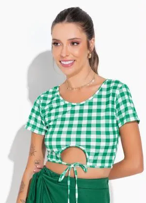 Moda Pop - Cropped Xadrez Manga Curta com Amarração - MODA POP