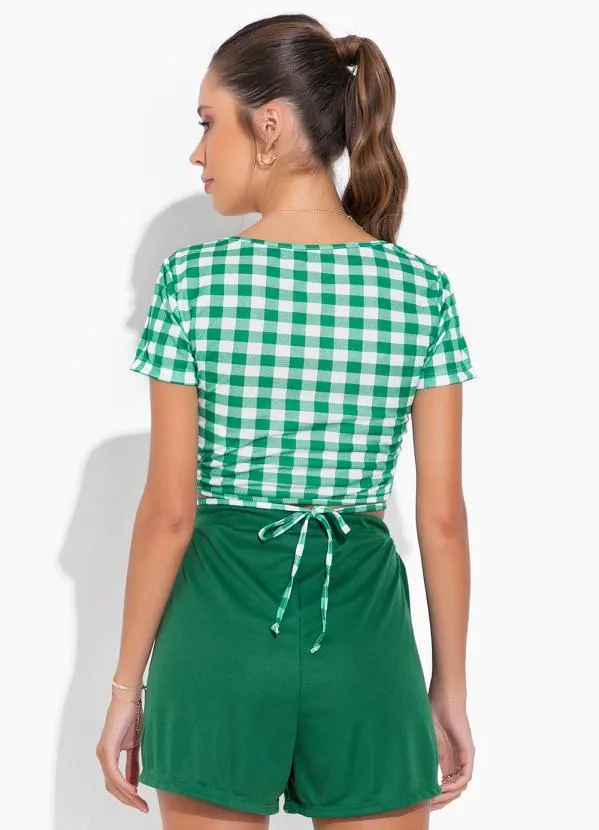 Moda Pop - Cropped Xadrez Manga Curta com Amarração 2