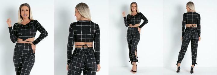 Cropped Xadrez Preta com Amarrao