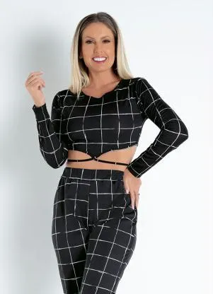 Moda Pop - Cropped  Xadrez Preta com Amarração - MODA POP