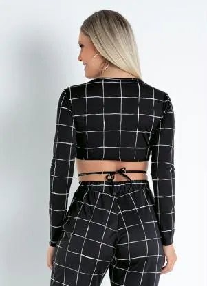 Moda Pop - Cropped  Xadrez Preta com Amarração - MODA POP