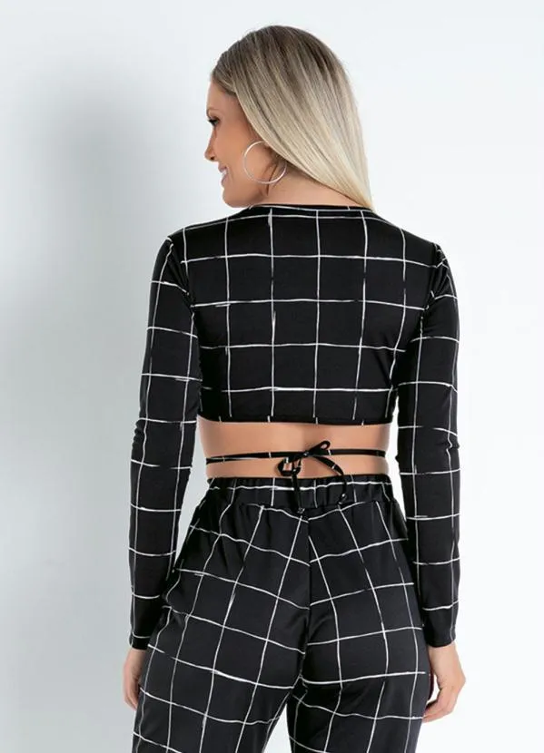 Moda Pop - Cropped  Xadrez Preta com Amarração 2