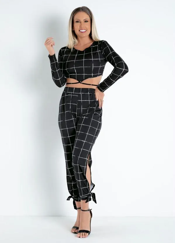 Moda Pop - Cropped  Xadrez Preta com Amarração 3
