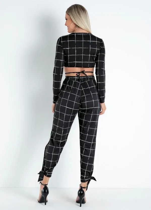 Moda Pop - Cropped  Xadrez Preta com Amarração 4