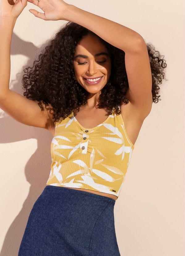Marialícia - Regata Romântica Comfy Cropped Tropical Amarelo