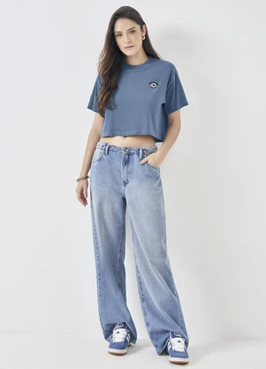 Sofie - T-Shirt Cropped com Aplique Bordado Azul - SOFIE