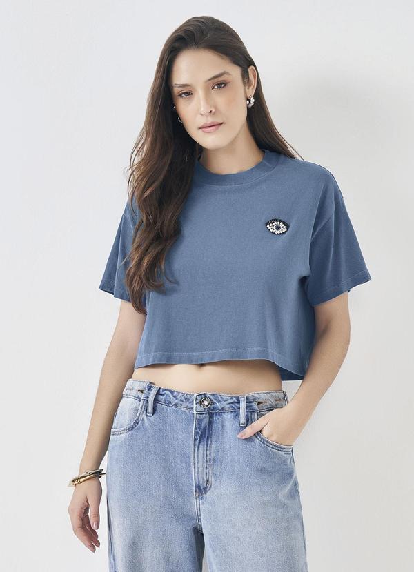 Sofie - T-Shirt Cropped com Aplique Bordado Azul