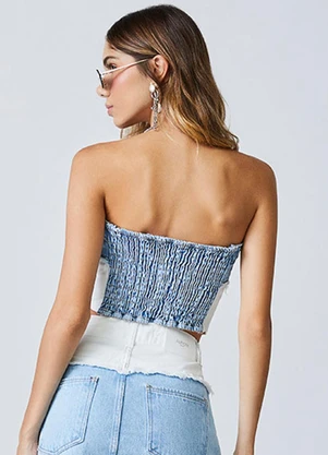 Authoria - Top Bicolor em Sarja Azul - AUTHORIA