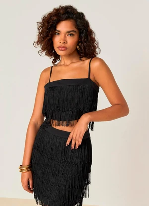 Elegance - Top com Franja e Ziper Costas Preto - ELEGANCE