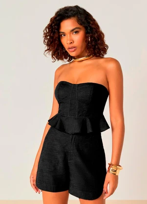 Elegance - Top com Recortes Frontal e Babados Barra Preto - ELEGANCE