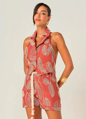 Elegance - Top Cropped com Gola e Costas Abertas Telha - ELEGANCE