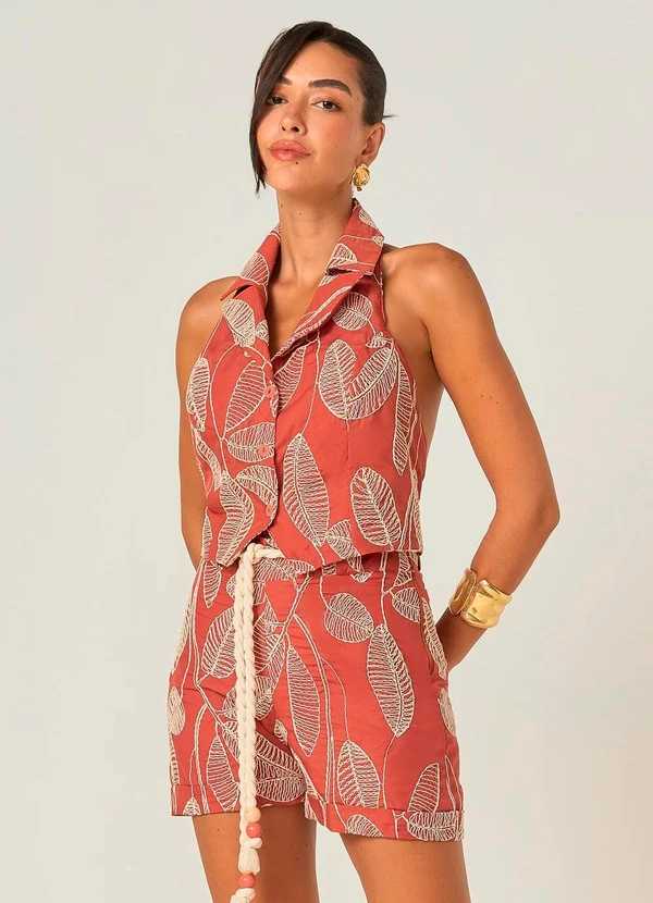 Elegance - Top Cropped com Gola e Costas Abertas Telha
