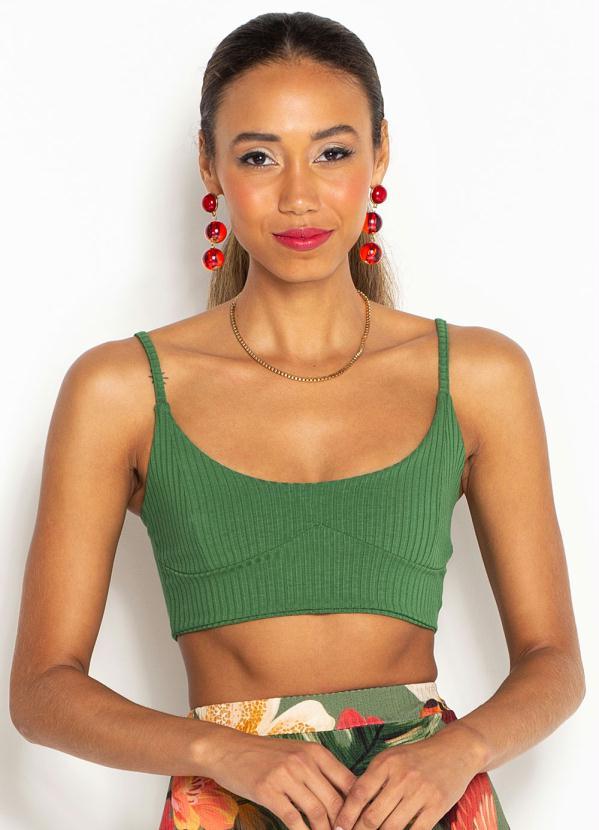 Farm - Top Cropped de Malha Canelada Decote V Verde